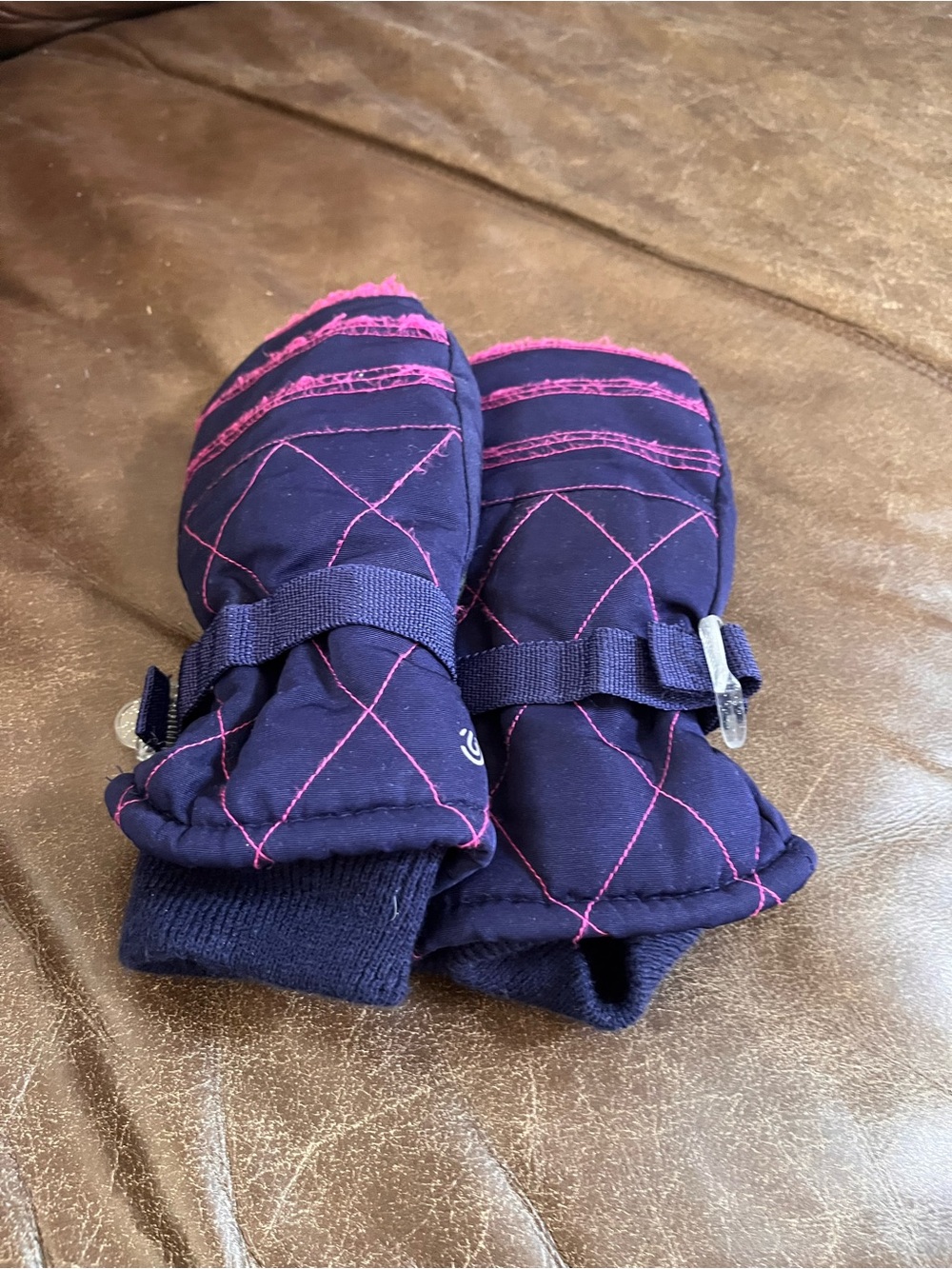 Navy Quilted kids Mittens with Pink Stitching waterproof